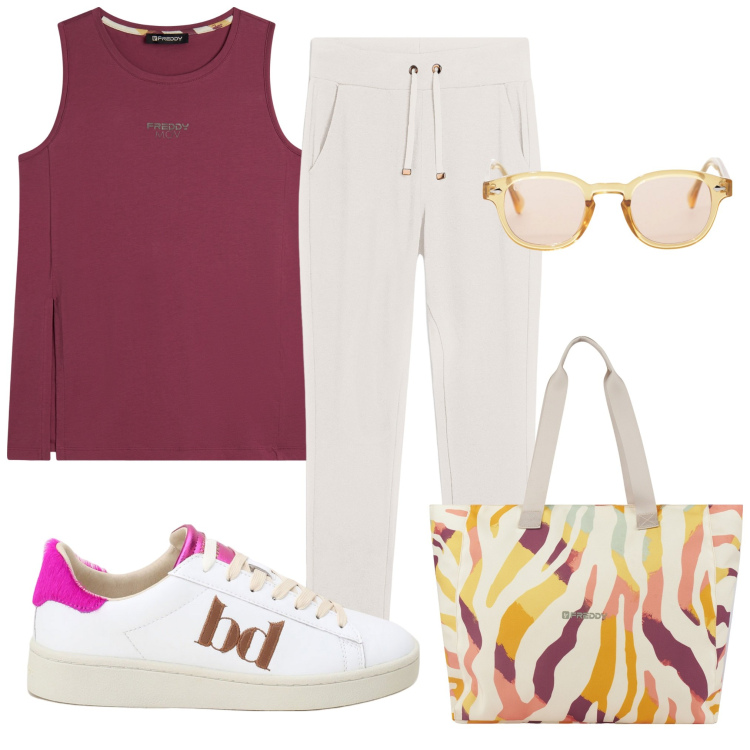 Outfit donna - Sportiva con Freddy. Stile Sporty chic per Sport. Abbinamento con occhiali da sole, shopping bag, canottiere, pantaloni, sneakers.