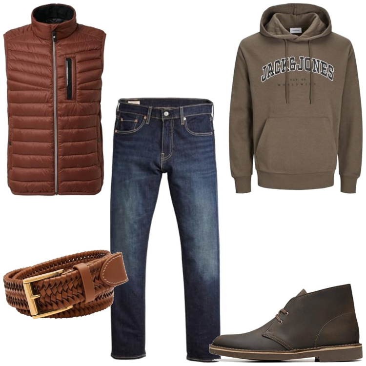 Outfit homme - Casual #15165. Style Casual pour Tous les jours. Assortir avec ceintures, sweats à capuche, jeans, gilets sans manche, bottes et bottines.