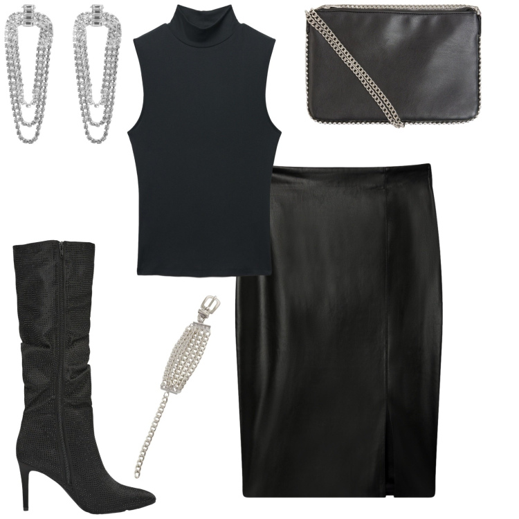 Outfit donna - Serata. Stile Trendy per Serata fuori. Abbinamento con gonne longuette, borse a tracolla, orecchini, stivali, top, anelli.