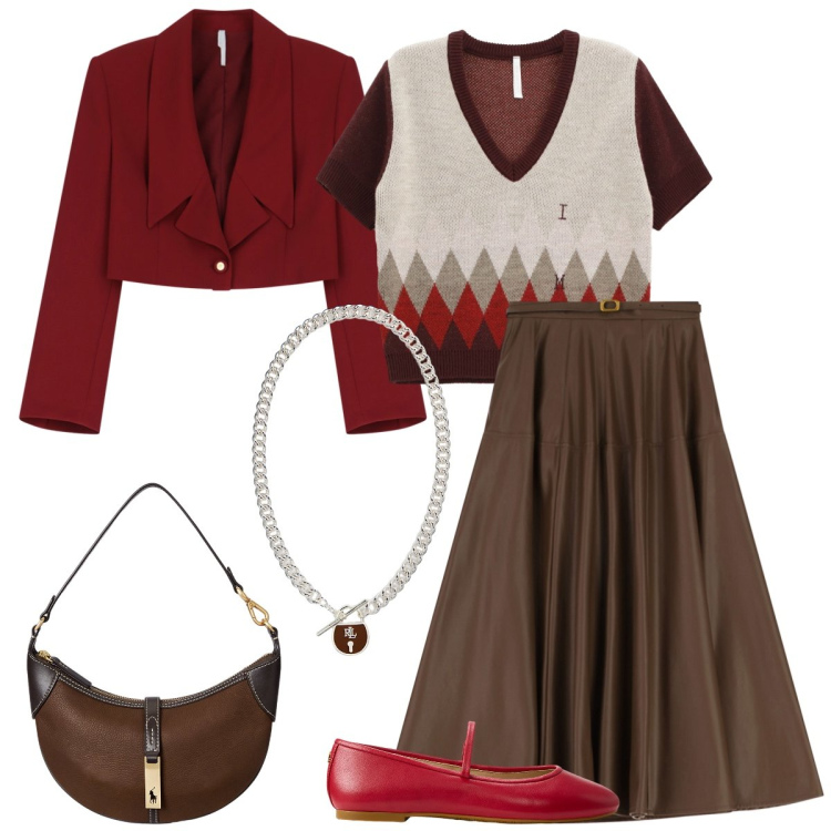 Outfit donna - Total look #2246801. Stile Bon Ton per Tutti i giorni. Abbinamento con maglieria, blazer, gonne lunghe, ciondoli, ballerine, borse a spalla.
