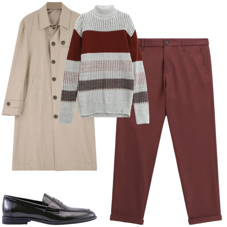 Outfit uomo - Rainy day. Stile Trendy per Tutti i giorni. Abbinamento con trench, pantaloni, maglieria, scarpe stringate.
