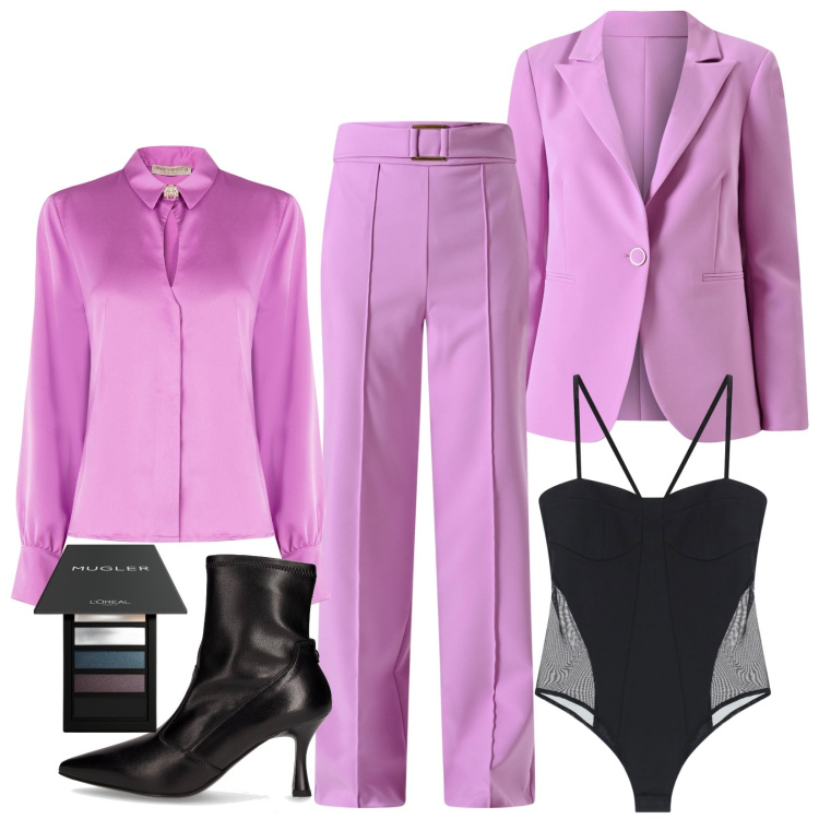 Outfit donna - Total look #2246805. Stile Chic per Tutti i giorni. Abbinamento con ombretti, camicie, blazer, pantaloni, body, stivaletti.