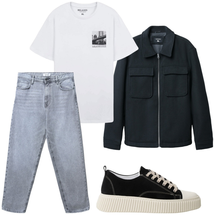 Outfit uomo - Total look #2246806. Stile Urban per Tutti i giorni. Abbinamento con t-shirt, jeans, cappotti, sneakers.