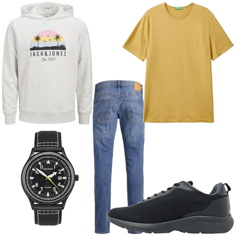 Outfit homme - Casual #15168. Style Casual pour Tous les jours. Assortir avec sneakers, montres analogiques, t-shirts, jeans, sweats à capuche.