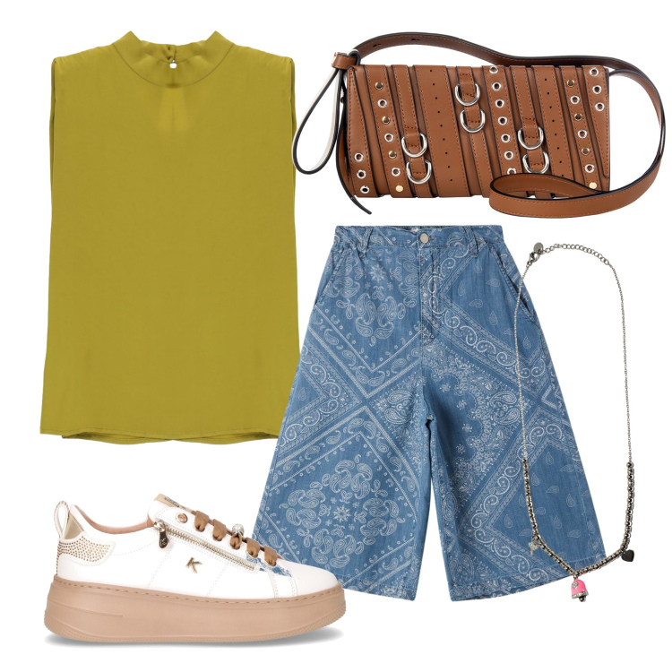 Outfit donna - Una giornata di riposo. Stile Casual per Tutti i giorni. Abbinamento con bermuda, borse a spalla, ciondoli, top, sneakers.