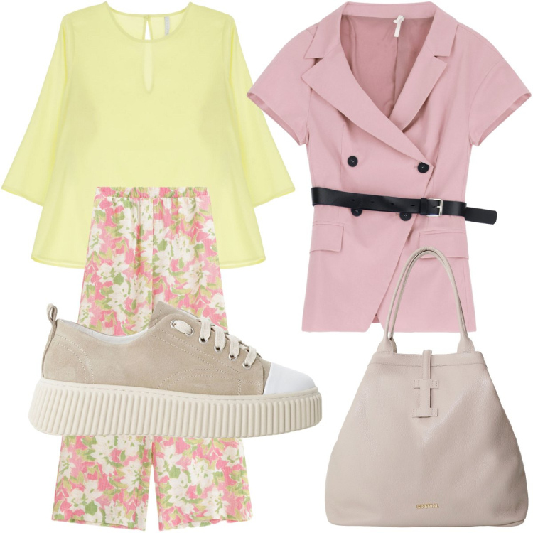 Outfit donna - L\'autonno che arriva in curva. Stile Casual chic per Tutti i giorni. look ideale per Tall. Abbinamento con sneakers, bluse, borse tote, pantaloni a palazzo, blazer.