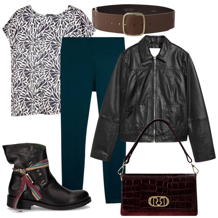 Outfit donna - Il giubbotto in pelle. Stile Casual per Tutti i giorni. Abbinamento con giacche, borse a mano, leggings, cinture, t-shirt, anfibi.