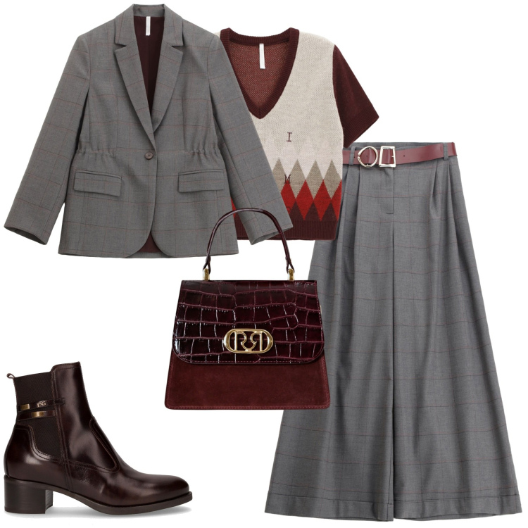 Outfit donna - Imperial. Stile Urban per Tutti i giorni. Abbinamento con borse a mano, pantaloni, maglieria, blazer, stivaletti.