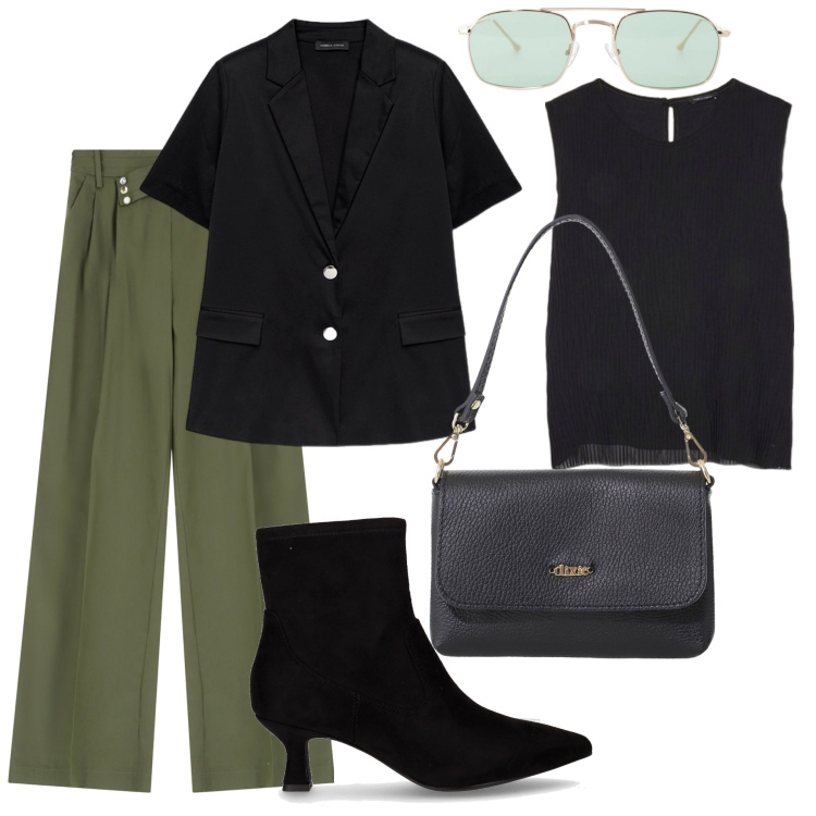 Outfit donna - Un aperitivo con i colleghi. Stile Casual per Tutti i giorni. Abbinamento con occhiali da sole, pantaloni, borse a tracolla, blazer, top, stivaletti.