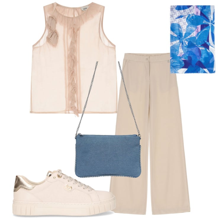 Outfit donna - Un tocco blu. Stile Casual per Tutti i giorni. Abbinamento con borse a tracolla, pantaloni, top, stole, sneakers.