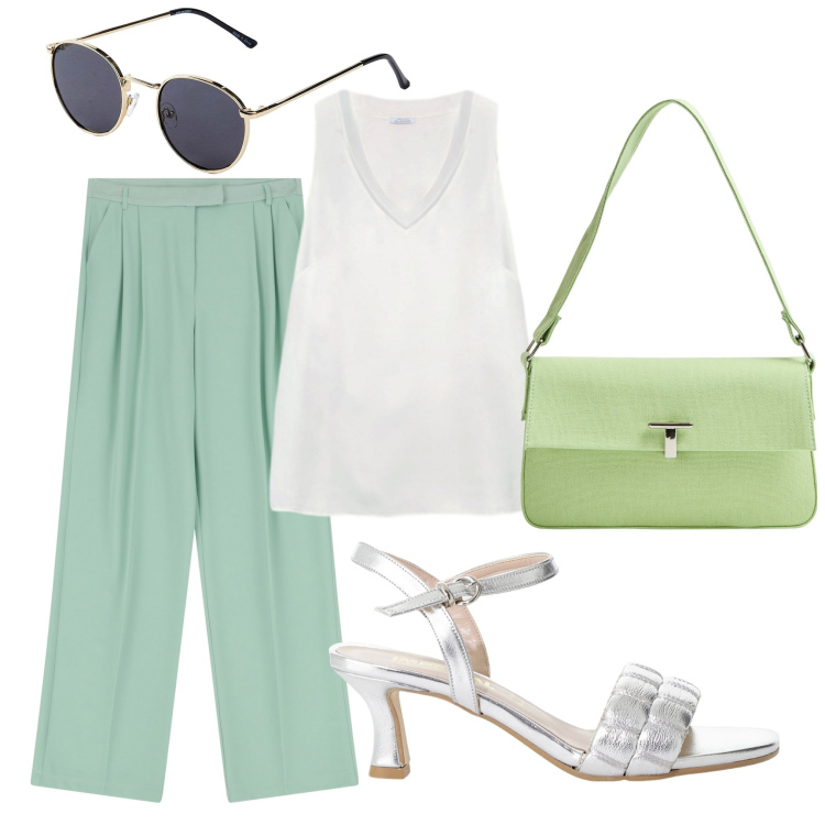 Outfit donna - Il pantalone estivo. Stile Casual per Tutti i giorni. Abbinamento con occhiali da sole, borse a spalla, sandali col tacco, pantaloni, top.