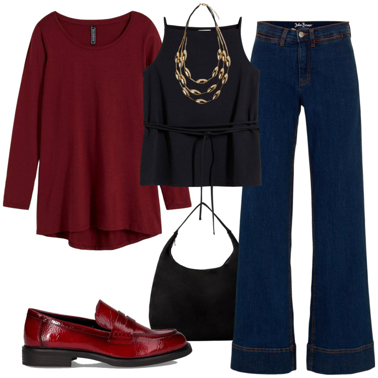 Outfit donna - Sobria. Stile Casual per Ufficio. Abbinamento con maglieria, jeans, top, borse a mano, mocassini, collane.