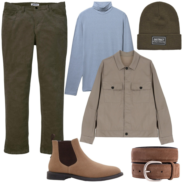Outfit uomo - Serata al pub. Stile Urban per Tutti i giorni. Abbinamento con pantaloni, stivali e stivaletti, t-shirt, berretti, giacche, cinture.