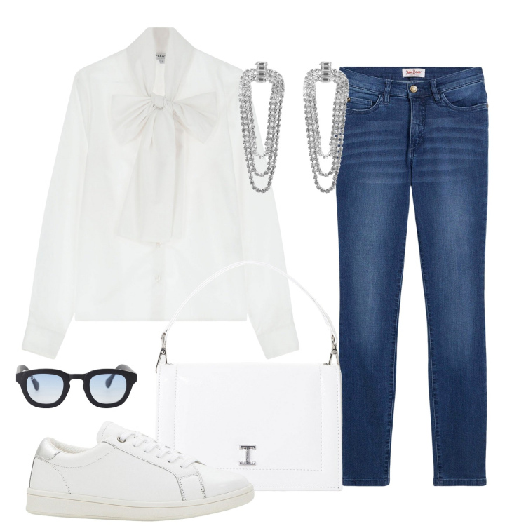 Outfit donna - Dalla mattina all\' aperitivo. Stile Casual chic per Tutti i giorni. Abbinamento con jeans slim fit, sneakers, orecchini, camicie, borse a tracolla, occhiali da sole.