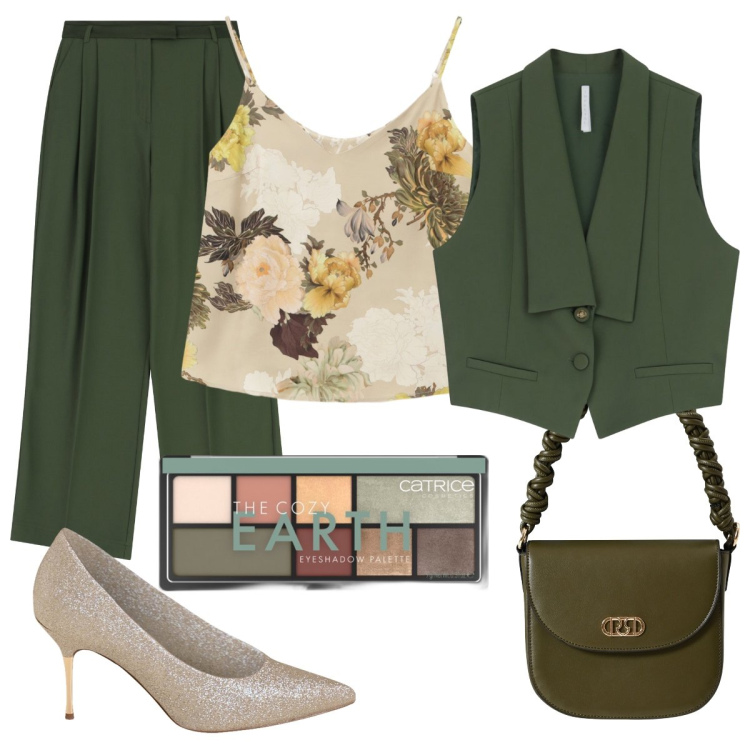 Outfit donna - Il completo verde bosco. Stile Chic per Serata fuori. Abbinamento con ombretti, borse a mano, décolleté, pantaloni, gilet, top.