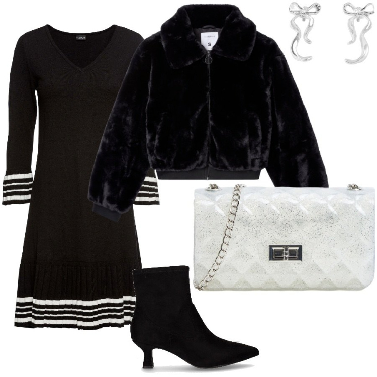 Outfit donna - Il vestito in maglia. Stile Casual chic per Serata fuori. Abbinamento con vestiti, borse a tracolla, orecchini, ecopellicce, stivaletti.