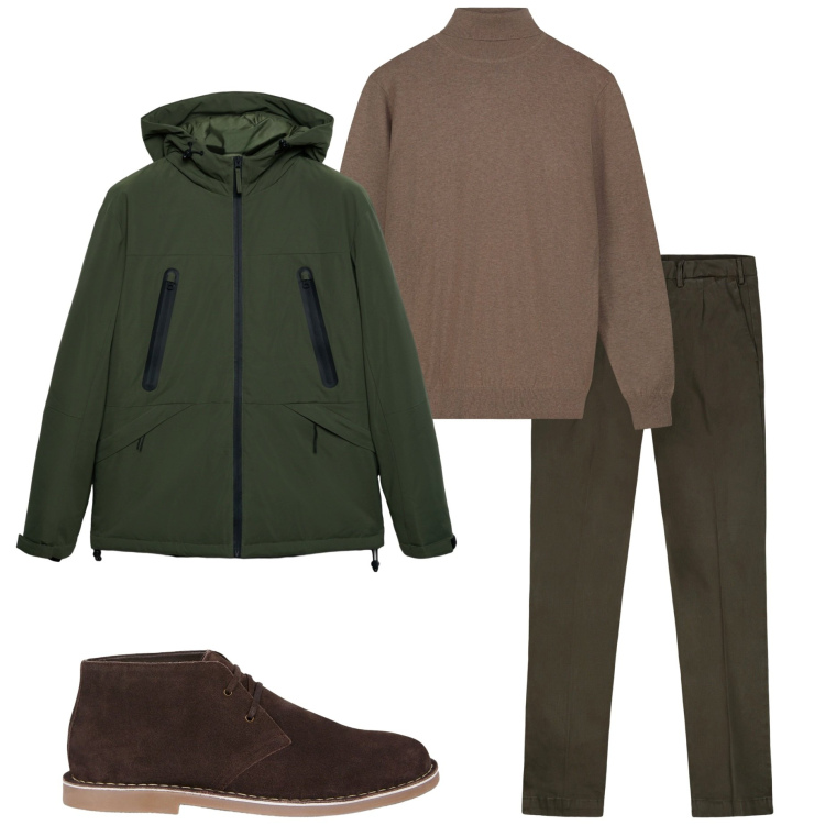 Outfit uomo - Giacca verde bosco. Stile Urban per Tutti i giorni. Abbinamento con giacche, pantaloni, stivali e stivaletti, maglieria.