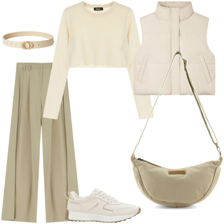 Outfit donna - Total look #2246853. Stile Casual chic per Tutti i giorni. Abbinamento con sneakers, cinture, piumini, pantaloni a palazzo, pullovers, borse a tracolla.