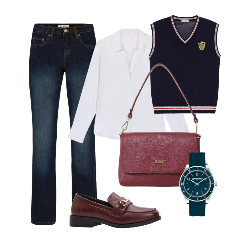 Outfit donna - In biblioteca. Stile Casual per Scuola/Università. Abbinamento con jeans dritti, mocassini, camicie, orologi, gilet, borse a tracolla.