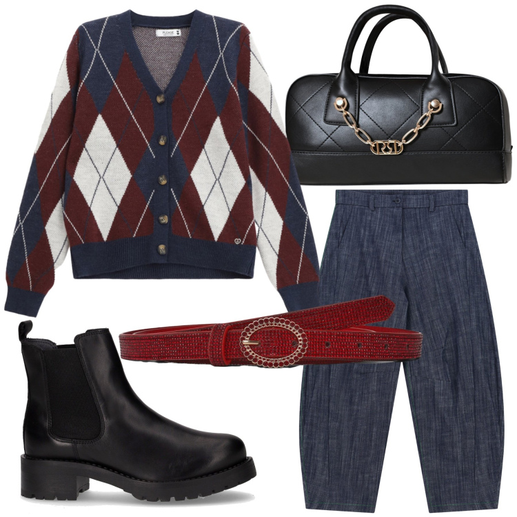 Outfit donna - Passeggiata. Stile Casual per Tutti i giorni. Abbinamento con cinture, borse a mano, cardigans, pantaloni, stivaletti chelsea.