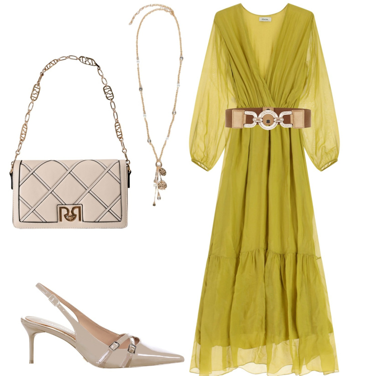 Outfit donna - Total look #2246861. Stile Glamour per Cerimonia. Abbinamento con cinture, borse a tracolla, décolleté, vestiti lunghi, ciondoli.