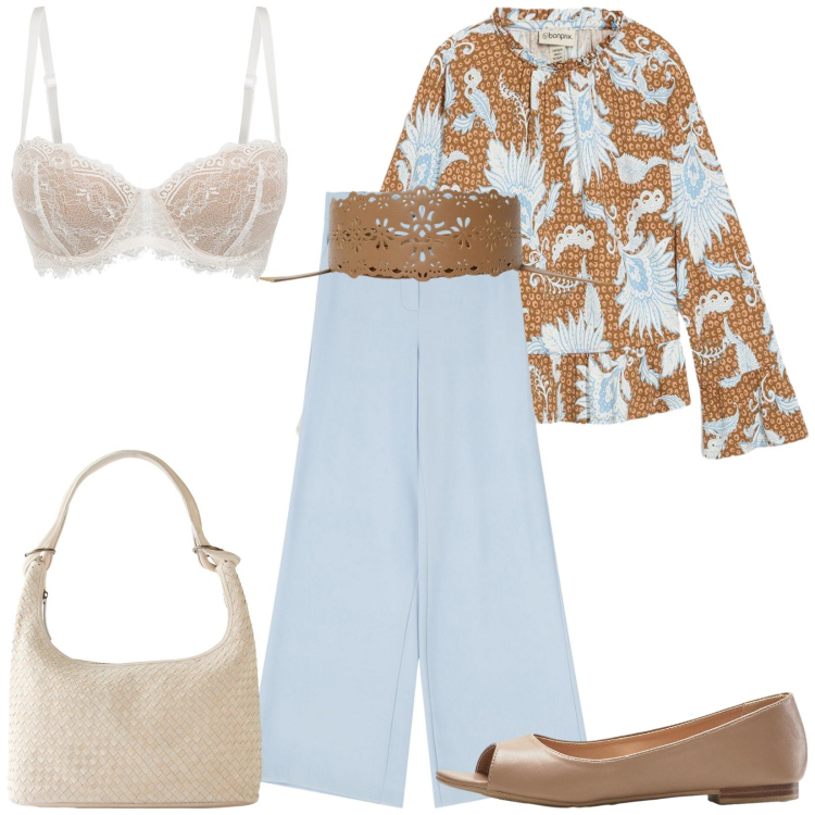 Outfit donna - Total look #2246864. Stile Bon Ton per Ufficio. Abbinamento con maglieria, reggiseni a balconcino, shopping bag, ballerine, cinture, pantaloni a palazzo.