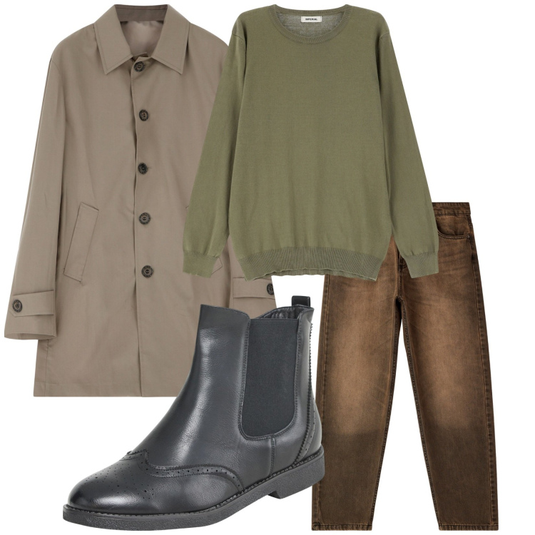 Outfit uomo - Total look #2246865. Stile Casual per Tutti i giorni. Abbinamento con jeans, stivali e stivaletti, maglieria, trench.