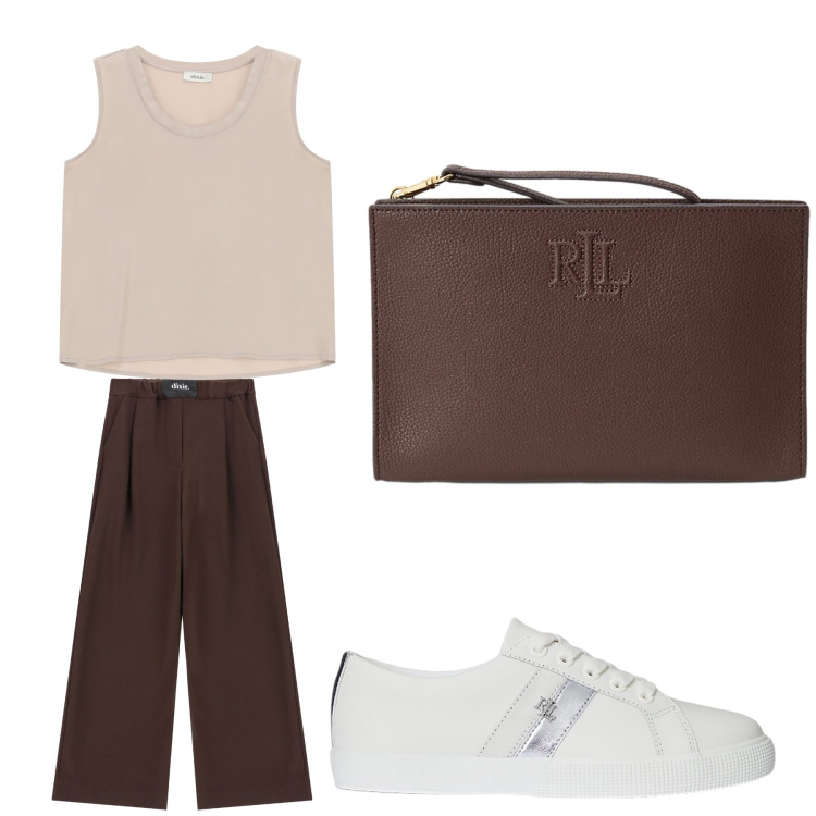 Outfit donna - Aperitivo. Stile Trendy per Tutti i giorni. Abbinamento con pantaloni a palazzo, canottiere, sneakers, pochette.