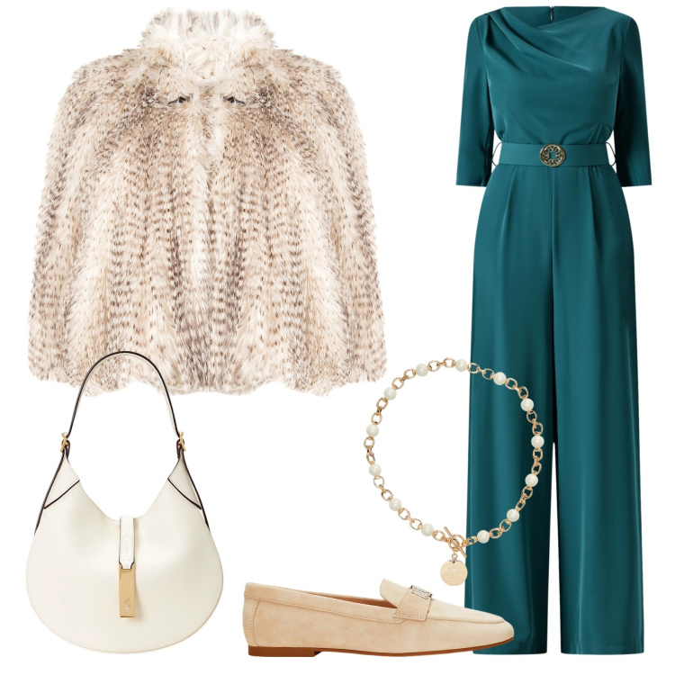 Outfit donna - Eleganza e comodità. Stile Chic per Cerimonia. Abbinamento con vestiti chemisier, ecopellicce, collane, mocassini, borse a spalla.