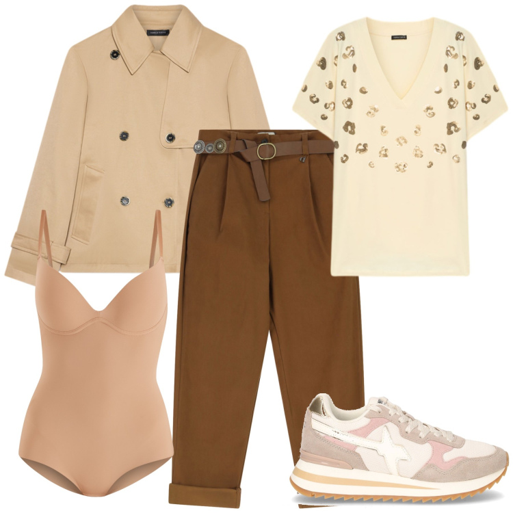 Outfit donna - Total look #2246884. Stile Casual per Tutti i giorni. Abbinamento con body, pantaloni, trench, t-shirt, sneakers.
