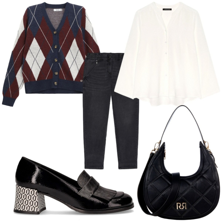 Outfit donna - Total look #2246889. Stile Preppy per Tutti i giorni. Abbinamento con borse a tracolla, cardigans, camicie, mocassini, jeans.