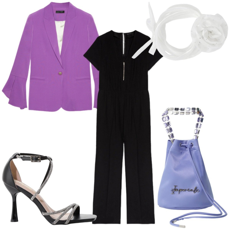 Outfit donna - Total look #2246890. Stile Trendy per Serata fuori. Abbinamento con collane, borse a secchiello, sandali col tacco, tute, blazer.
