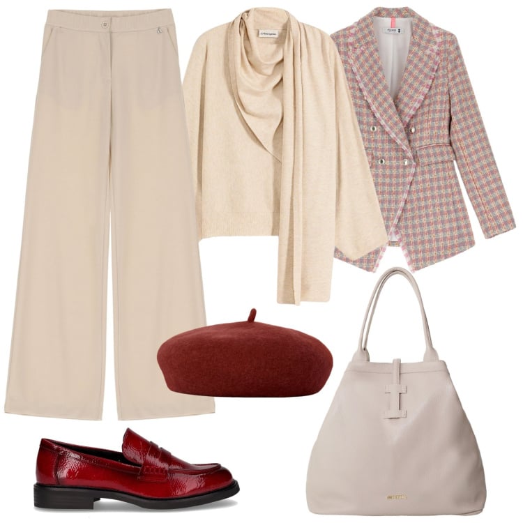Outfit donna - Magico autunno. Stile Casual chic per Tutti i giorni. Abbinamento con maglieria, blazer, borse tote, pantaloni, cappelli e berretti, mocassini.