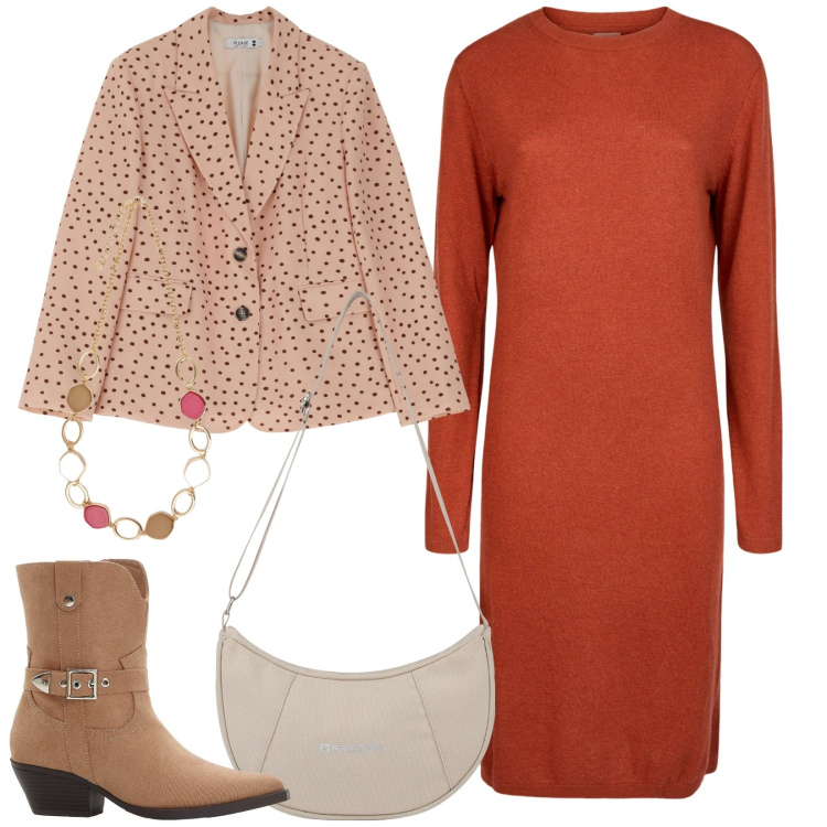 Outfit donna - Il vestito in maglia. Stile Casual chic per Ufficio. Abbinamento con stivaletti texani, blazer, borse a spalla, vestiti, collane.