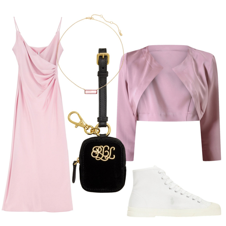 Outfit donna - Matrimonio settembrino. Stile Casual chic per Cerimonia. look ideale per Tall. Abbinamento con bolero, vestiti midi/longuette, sneakers alte, collane, pochette.