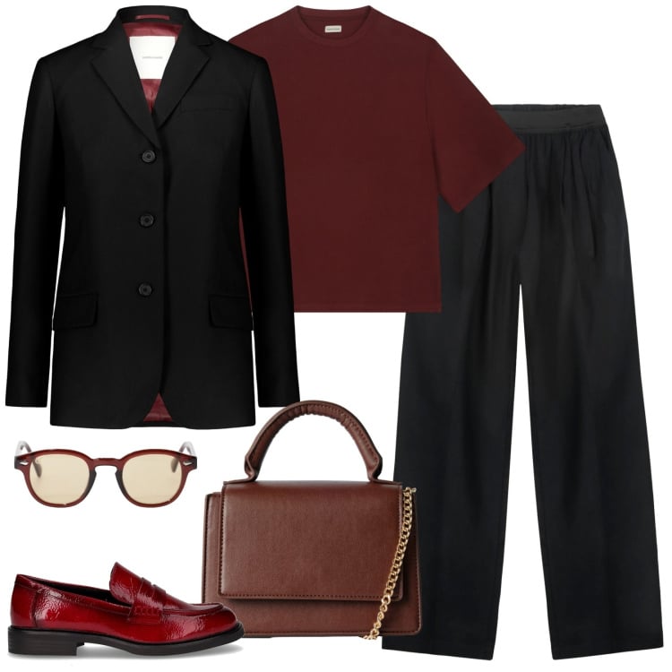 Outfit donna - Un poco di vino francese. Stile Minimal per Ufficio. Abbinamento con borse a tracolla, occhiali da sole, pantaloni, t-shirt, blazer, mocassini.