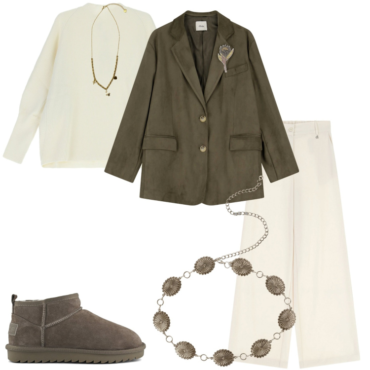 Outfit donna - Fall. Stile Casual chic per Ufficio. Abbinamento con cinture, ciondoli, blazer, pantaloni a palazzo, maglieria, stivali.