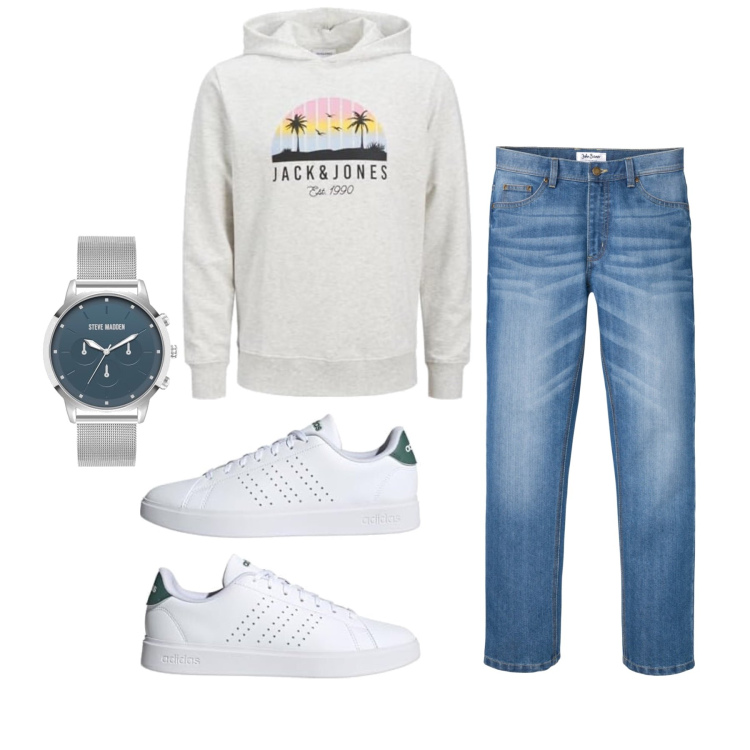 Outfit homme - Septembre. Style Tendance pour Tous les jours. Assortir avec jeans, sweats à capuche, montres analogiques, sneakers.