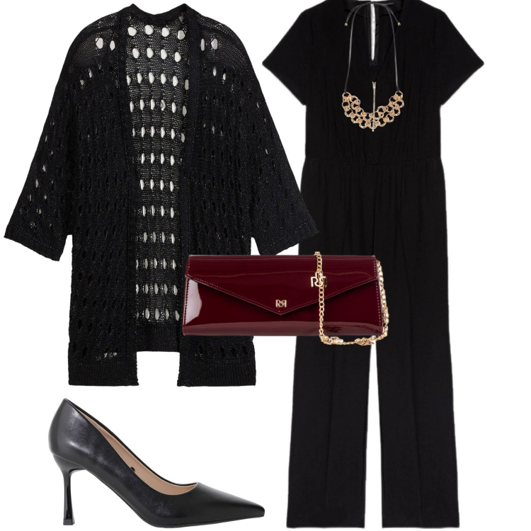 Outfit donna - Festa di compleanno. Stile Casual chic per Serata fuori. Abbinamento con cardigans, pochette, décolleté, tute, collane.