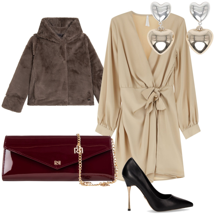 Outfit donna - La prima ecopelliccia. Stile Chic per Cerimonia. Abbinamento con orecchini, pochette, vestiti corti, blazer, décolleté.