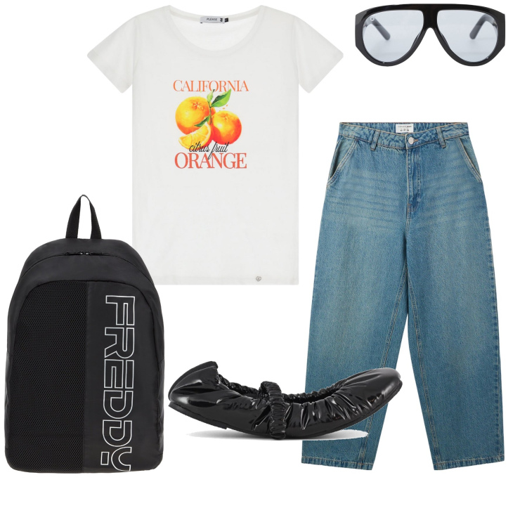 Outfit donna - Sabato mattina. Stile Basic per Tutti i giorni. Abbinamento con jeans, t-shirt, occhiali da sole, zaini, ballerine.