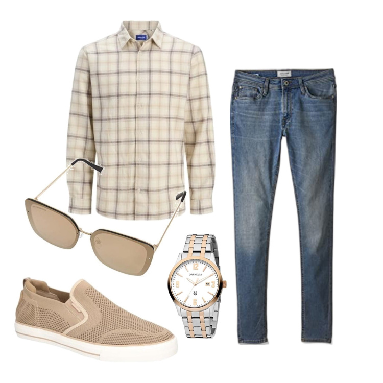 Outfit homme - Septembre. Style Tendance pour Tous les jours. Assortir avec jean skinny, chaussures à lacets, lunettes de soleil, chemisiers, montres analogiques.