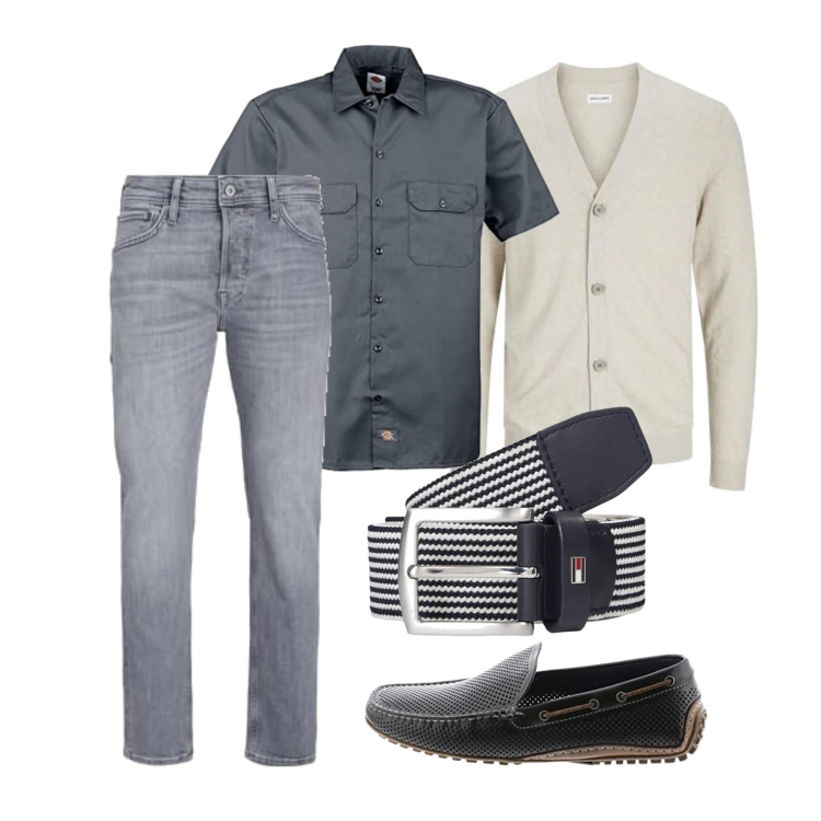 Outfit homme - Septembre. Style Casual pour Tous les jours. Assortir avec chemises à manches courtes, gilets, jeans, ceintures, chaussures à lacets.