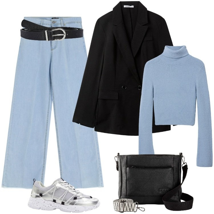 Outfit donna - Total look #2246952. Stile Sporty chic per Scuola/Università. Abbinamento con sneakers, borse a tracolla, blazer, maglieria, cinture, jeans.