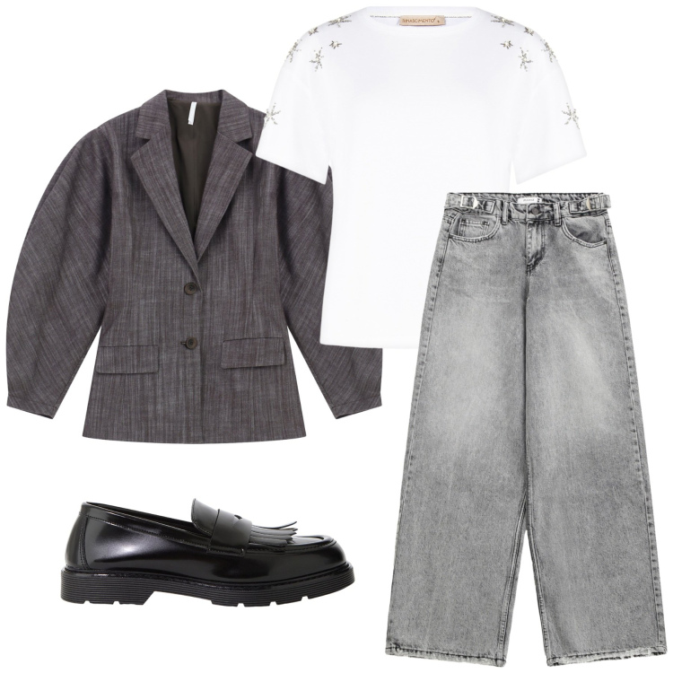 Outfit donna - Total look #2246955. Stile Romantica per Ufficio. Abbinamento con t-shirt, jeans, blazer, mocassini.