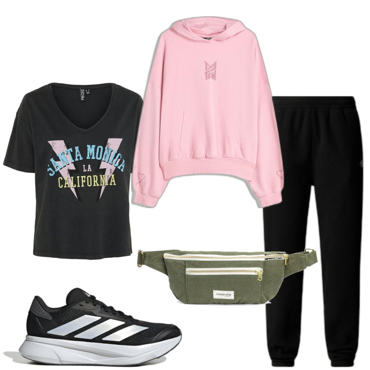 Outfit mujer - Deportes. Estilo Casual para Deporte. Combinación con riñoneras, camiseta, sudaderas, sneakers, pantalones.