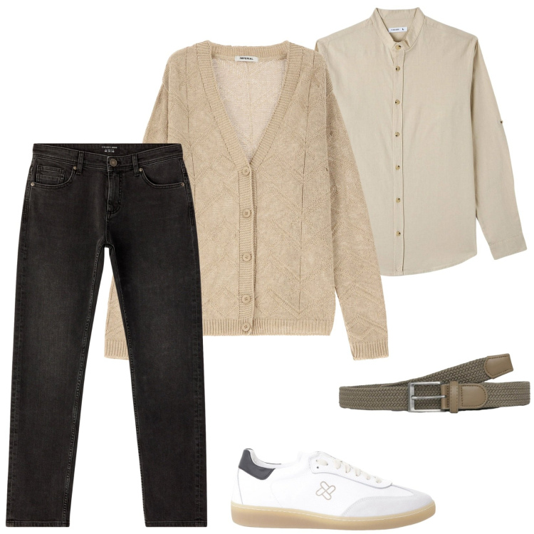 Outfit uomo - Un weekend in campagna. Stile Casual per Tutti i giorni. Abbinamento con camicie, jeans, cinture, cardigans, sneakers.