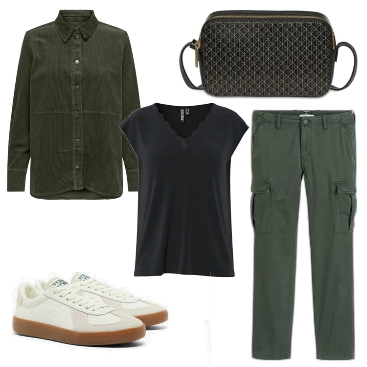 Outfit mujer - Urban style. Estilo Urban para Todos los días. Combinación con pantalones cargo, camiseta, sneakers, bolsos de mano, camisas.