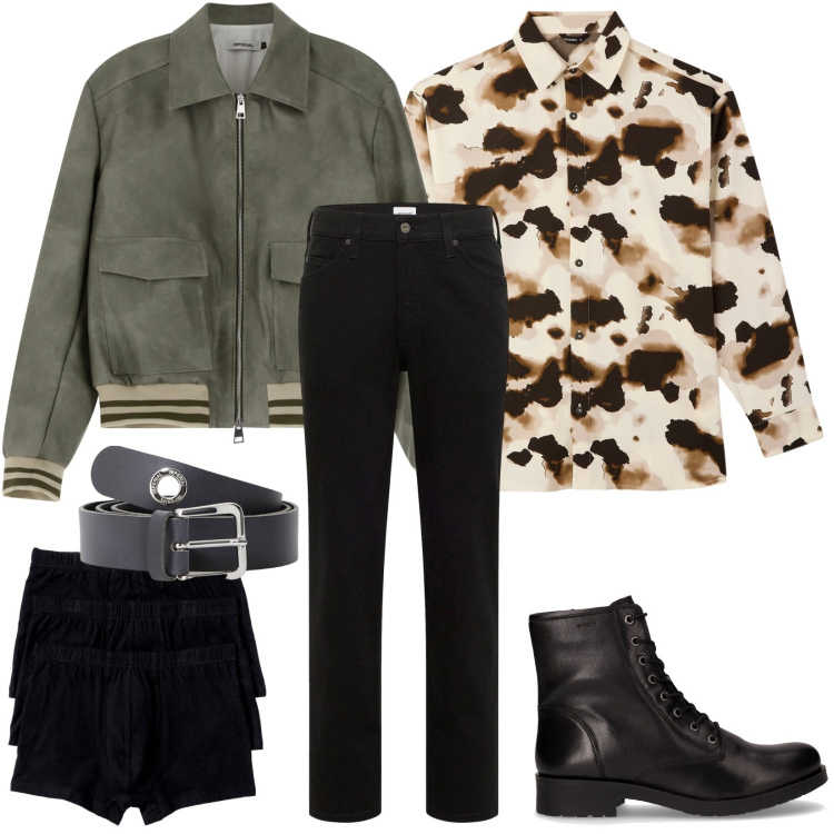Outfit uomo - Total look #2246970. Stile Urban per Tutti i giorni. Abbinamento con boxer, jeans dritti, camicie, cinture, bomber, stivali e stivaletti.