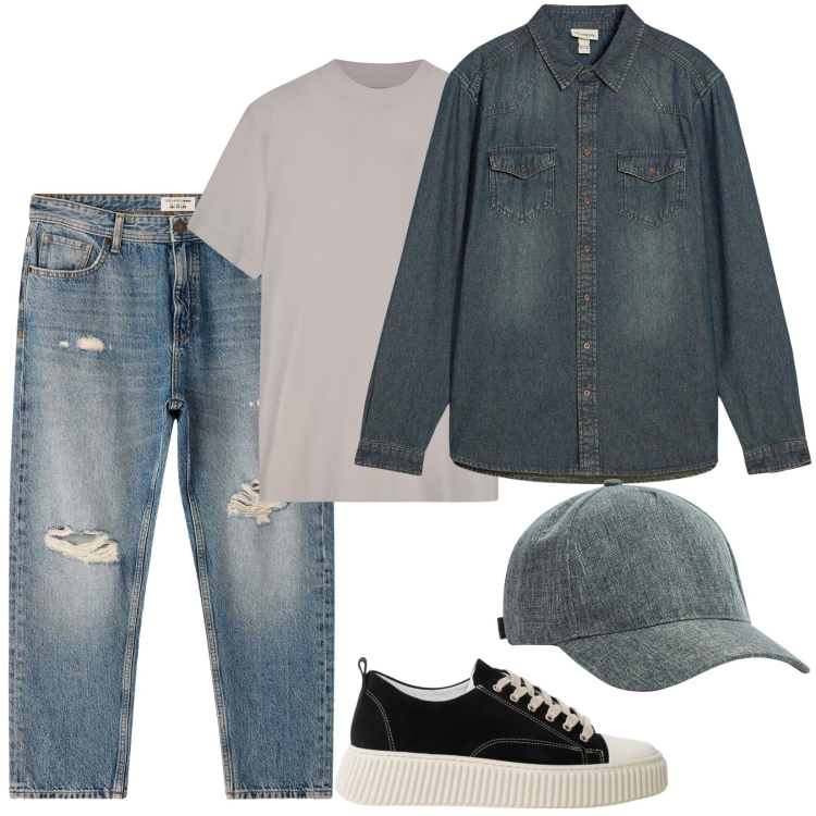 Outfit uomo - Uno stile disinvolto e rilassato. Stile Trendy per Tutti i giorni. Abbinamento con camicie, cappelli, jeans strappati, sneakers, t-shirt.